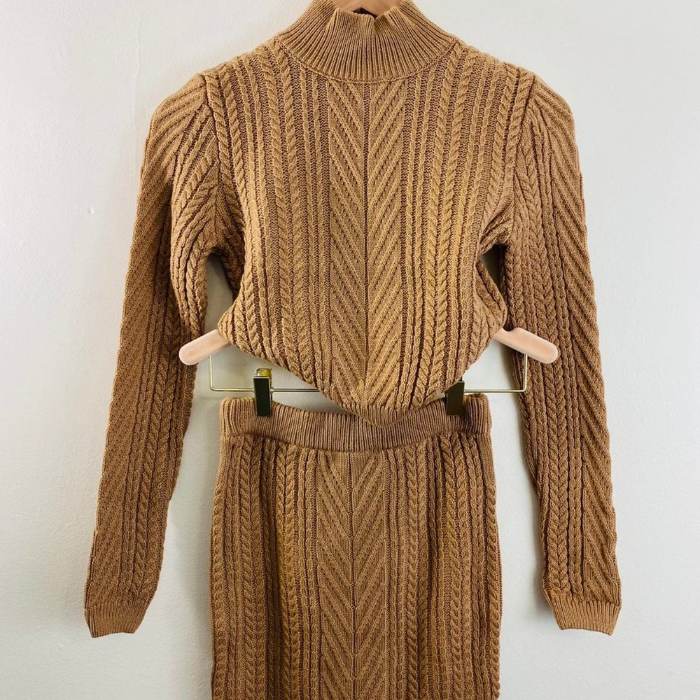 2 Piece Tan Knitwear Crew Neck Sweater Skirt Set - Picture 9 of 11